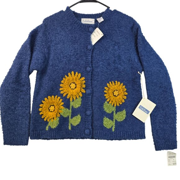 Vintage 90s Sunflower Cardigan Blue Medium Chunky Grannycore Wool New Deadstock - Picture 1 of 12